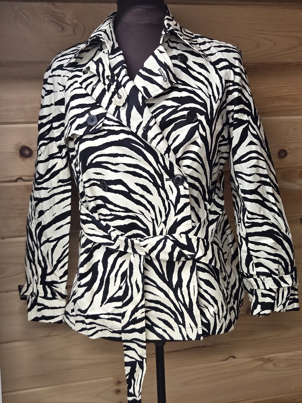 Petite Small Jones New York Zebra-Print Double-Breasted Coat - Black & White